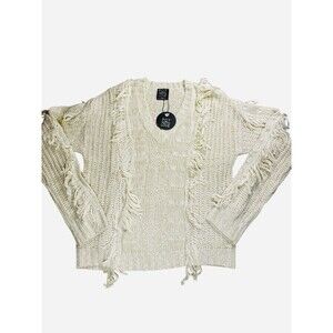 FCT With Love Fringe Cable Knit Sweater Cream V-Neck Chunky Pullover Large Boho‎